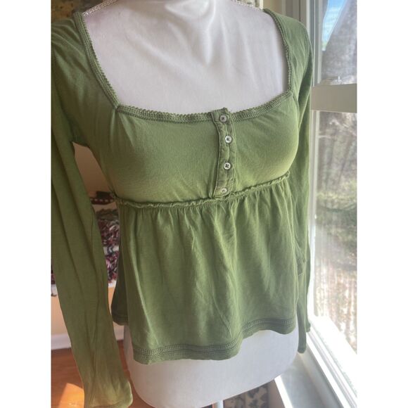 BDG Urban Outfitters Y2K Henley Babydoll Peplum Top L Green Soft Girl Coquette - Picture 11 of 12